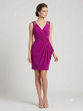 Beaded Shoulder V-Neck Magenta Draped Mini Dress